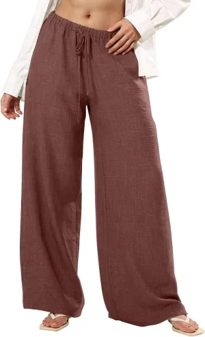 Lightweight Summer Pants Women Drawstring Elastic High Waist Palazzo Pants Boho Flowy Casual Beach Trousers w/Pockets