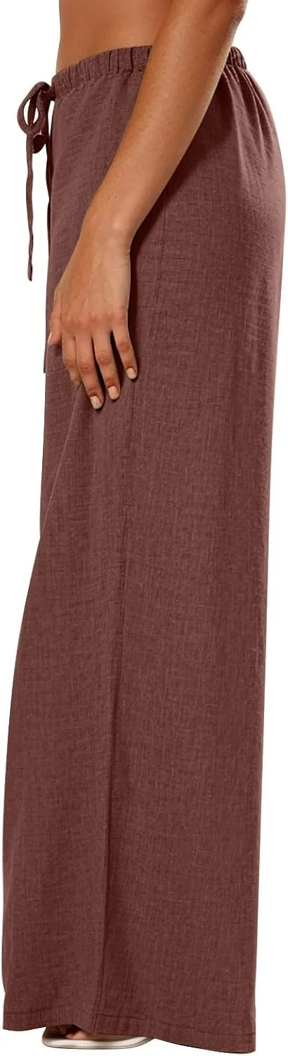 Lightweight Summer Pants Women Drawstring Elastic High Waist Palazzo Pants Boho Flowy Casual Beach Trousers w/Pockets