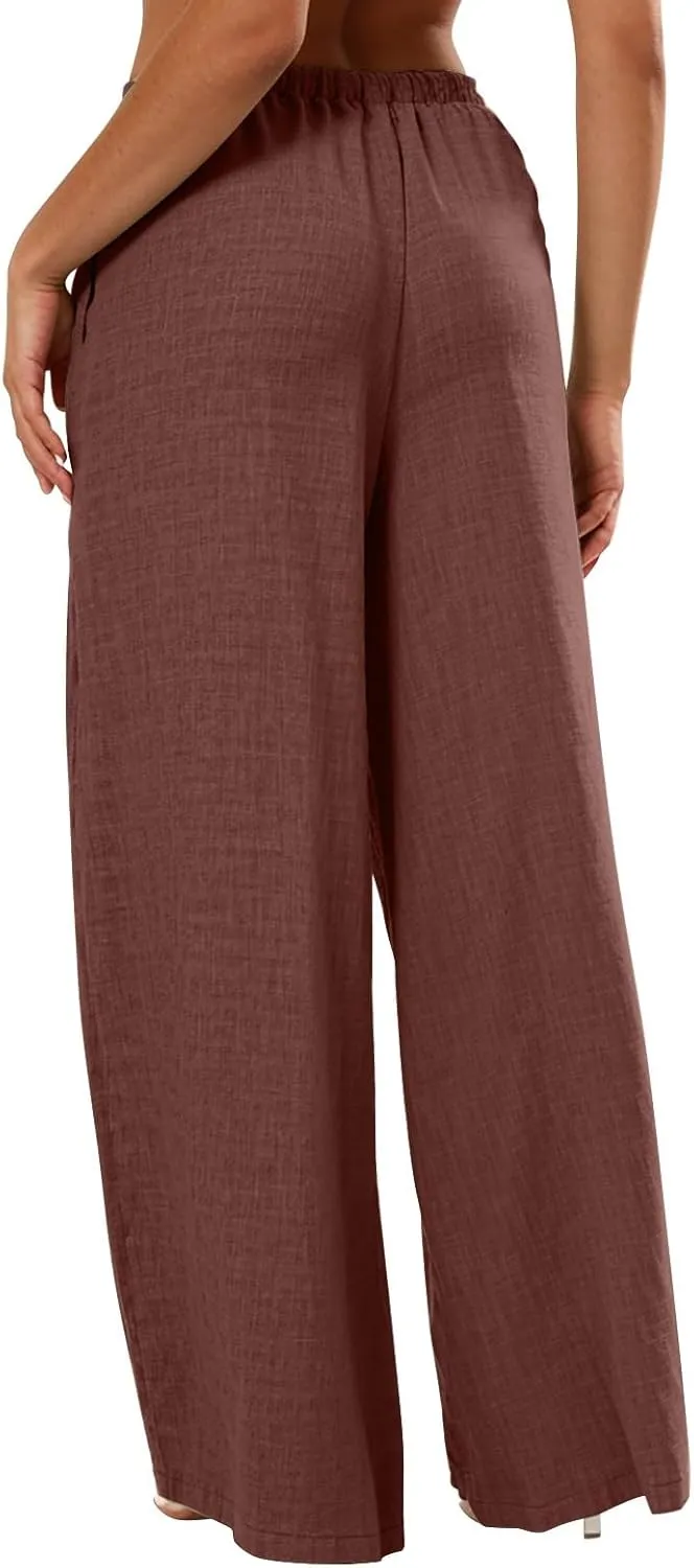 Lightweight Summer Pants Women Drawstring Elastic High Waist Palazzo Pants Boho Flowy Casual Beach Trousers w/Pockets