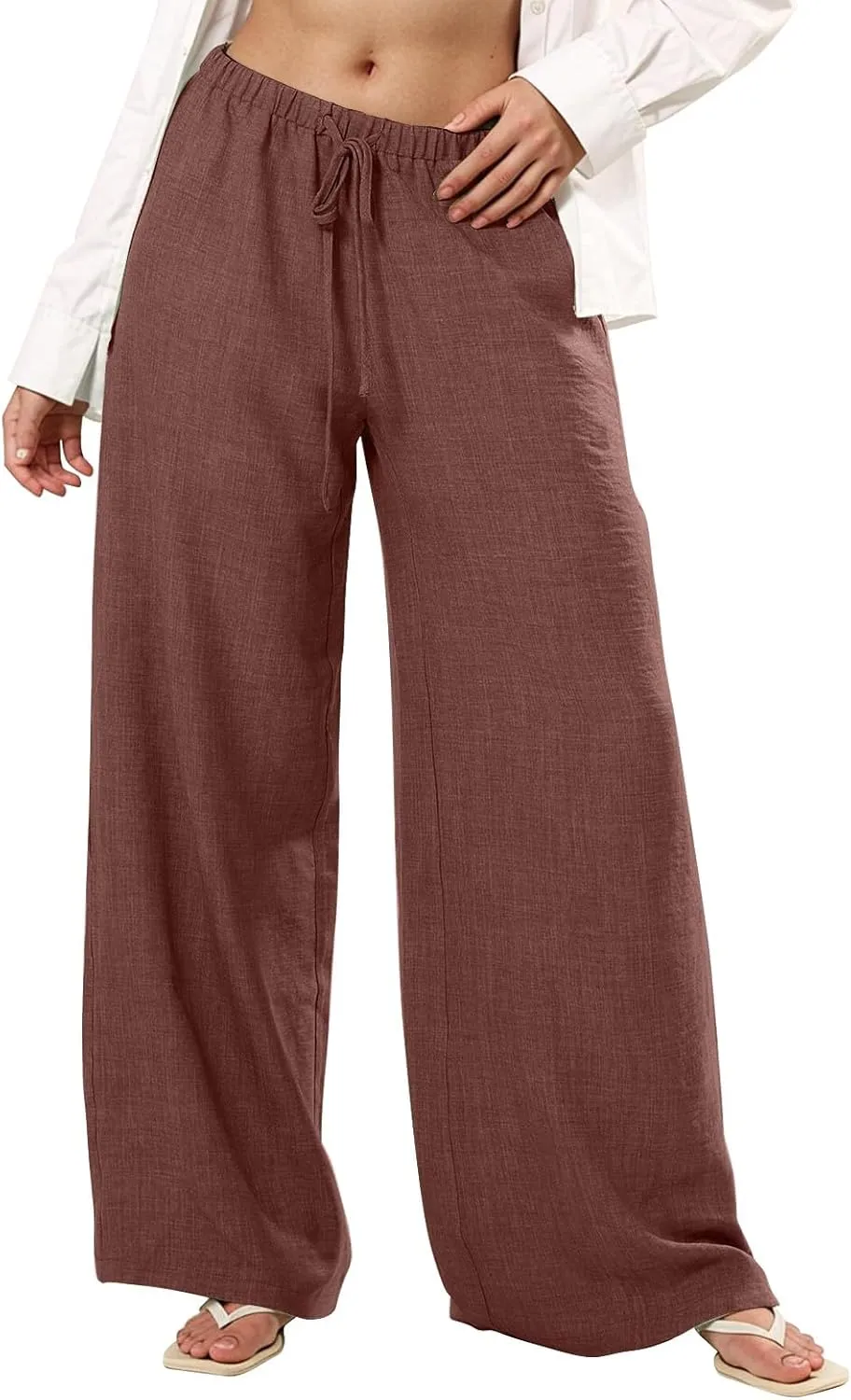 Lightweight Summer Pants Women Drawstring Elastic High Waist Palazzo Pants Boho Flowy Casual Beach Trousers w/Pockets