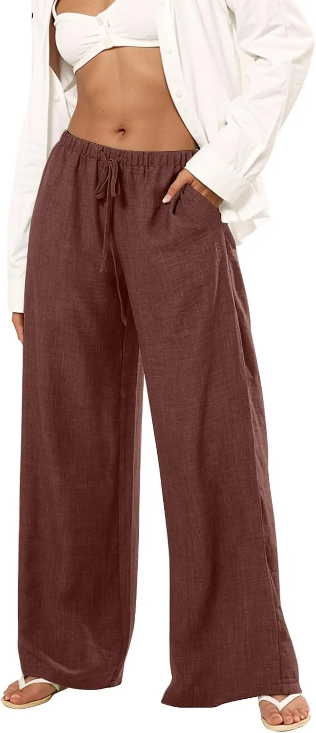 Lightweight Summer Pants Women Drawstring Elastic High Waist Palazzo Pants Boho Flowy Casual Beach Trousers w/Pockets