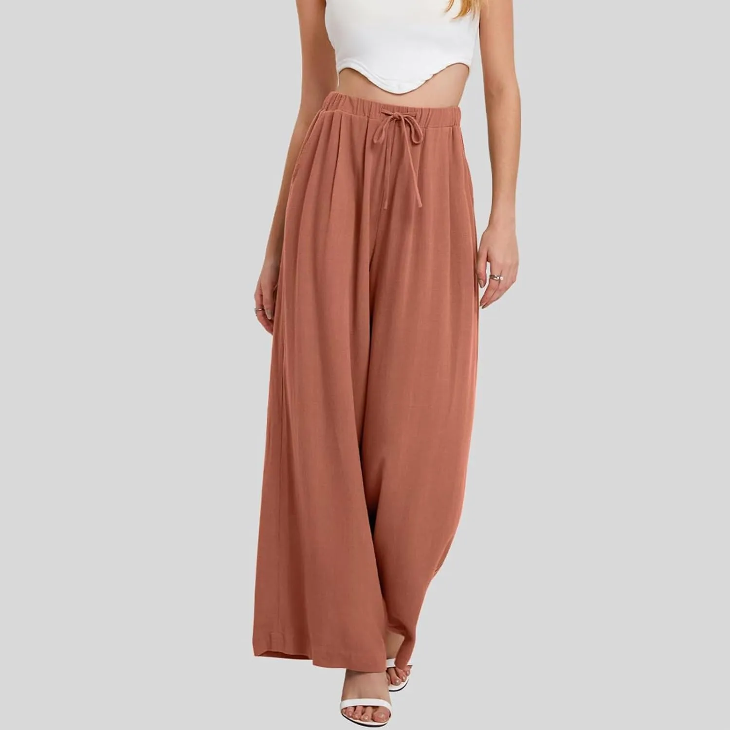 Linen Pants Women Wide Leg Palazzo Pants Beach Lounge Pants Loose Fit with Pockets Flowy Boho Pants