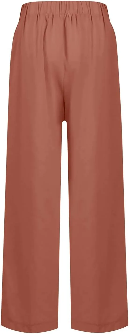 Linen Pants Women Wide Leg Palazzo Pants Beach Lounge Pants Loose Fit with Pockets Flowy Boho Pants