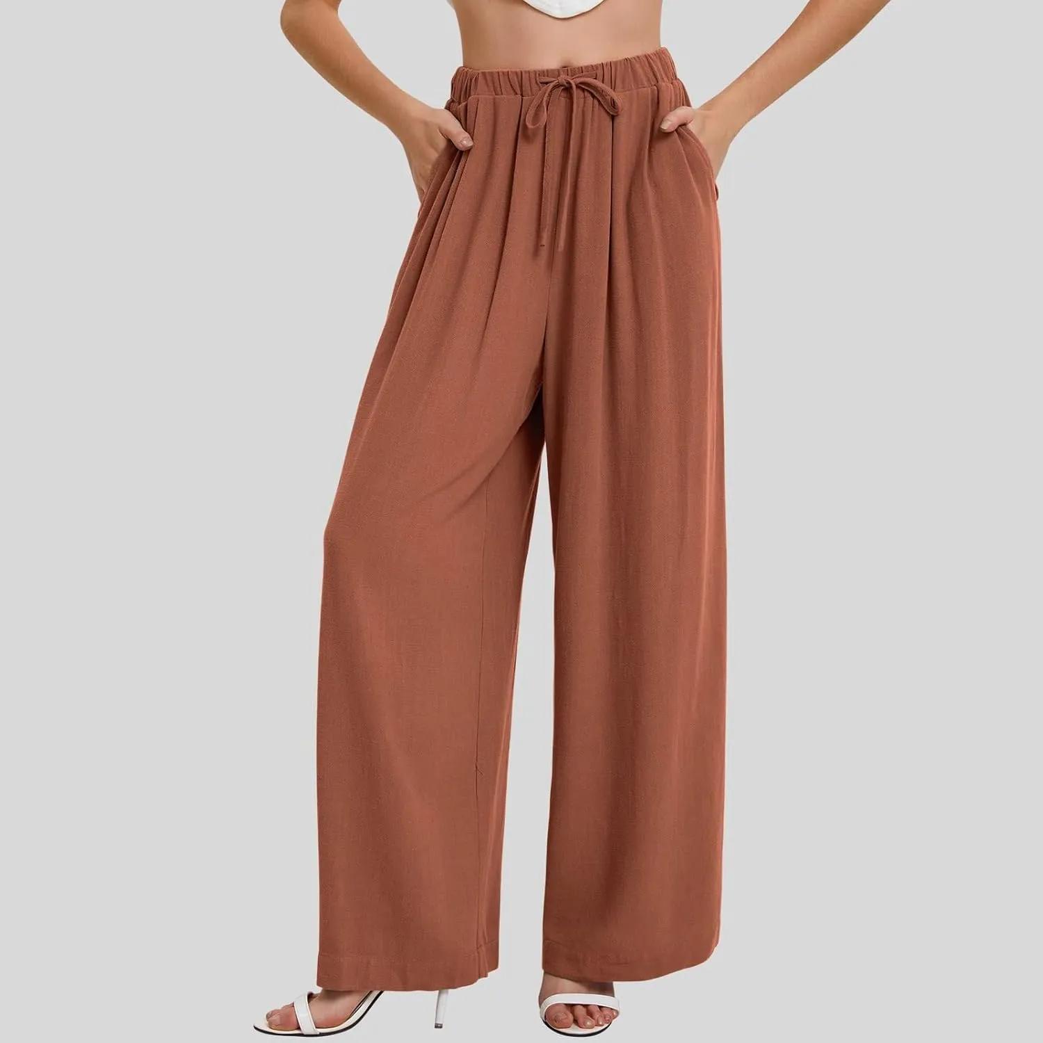 Linen Pants Women Wide Leg Palazzo Pants Beach Lounge Pants Loose Fit with Pockets Flowy Boho Pants