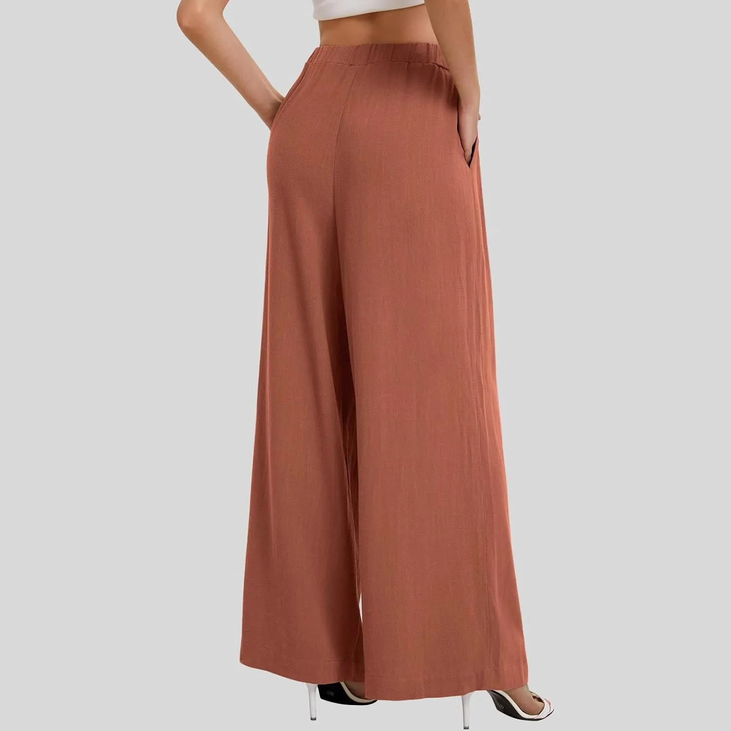 Linen Pants Women Wide Leg Palazzo Pants Beach Lounge Pants Loose Fit with Pockets Flowy Boho Pants