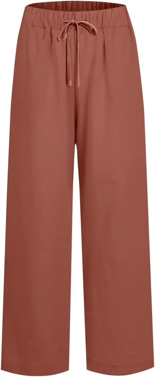 Linen Pants Women Wide Leg Palazzo Pants Beach Lounge Pants Loose Fit with Pockets Flowy Boho Pants