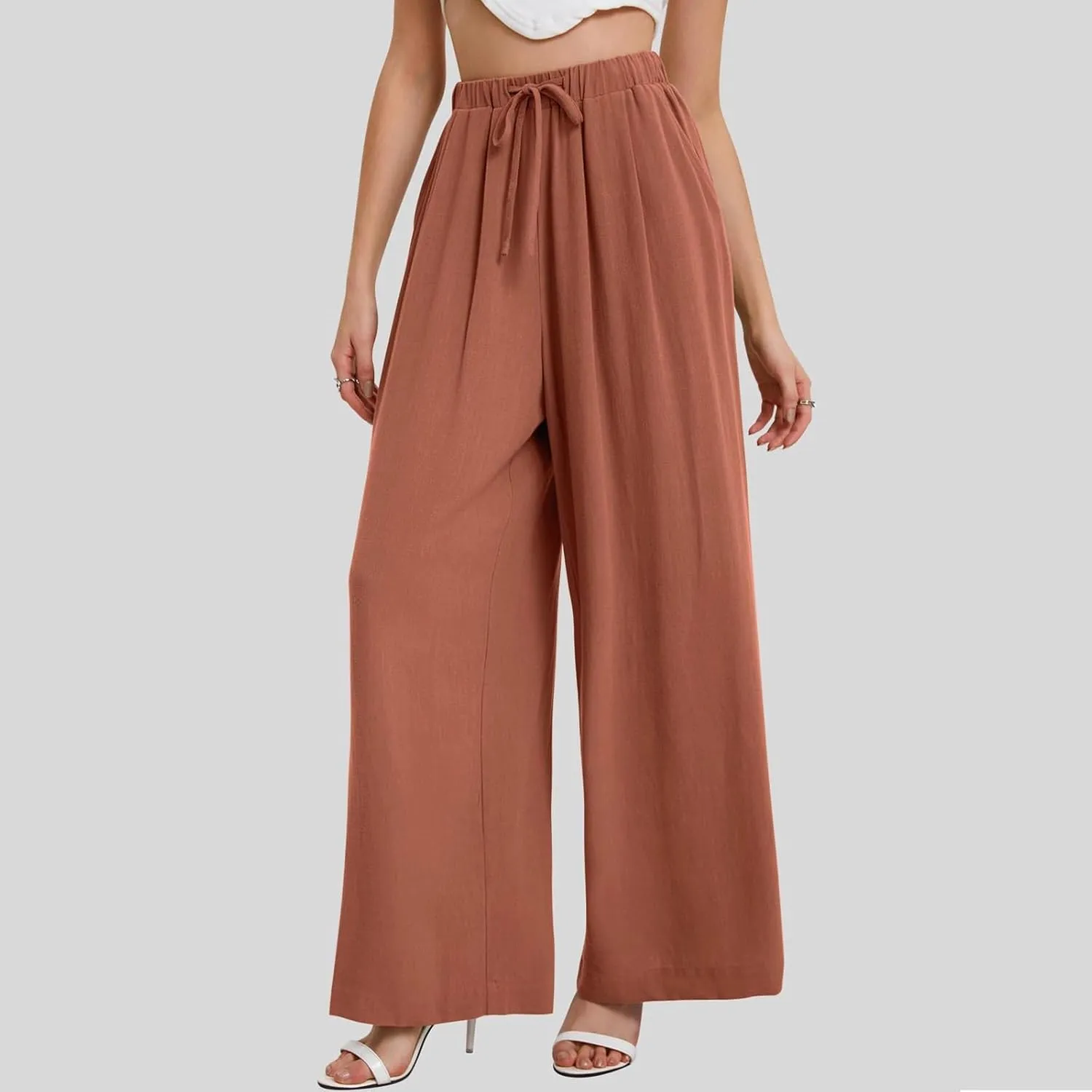Linen Pants Women Wide Leg Palazzo Pants Beach Lounge Pants Loose Fit with Pockets Flowy Boho Pants