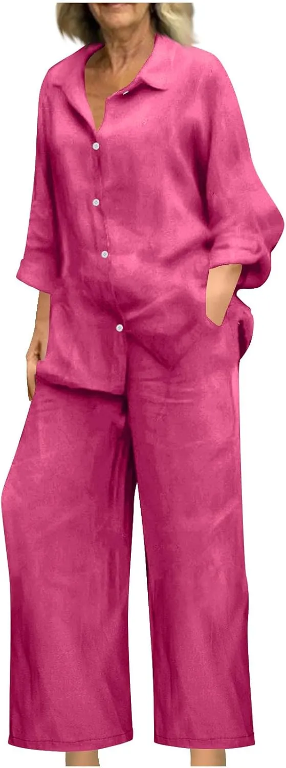 Linen Sets for Women 2 Piece Plus Size Button Down Shirts Matching Long Pants Lounge Set Summer Beach Outfits