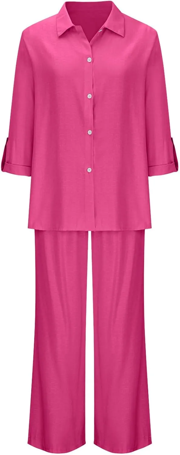 Linen Sets for Women 2 Piece Plus Size Button Down Shirts Matching Long Pants Lounge Set Summer Beach Outfits