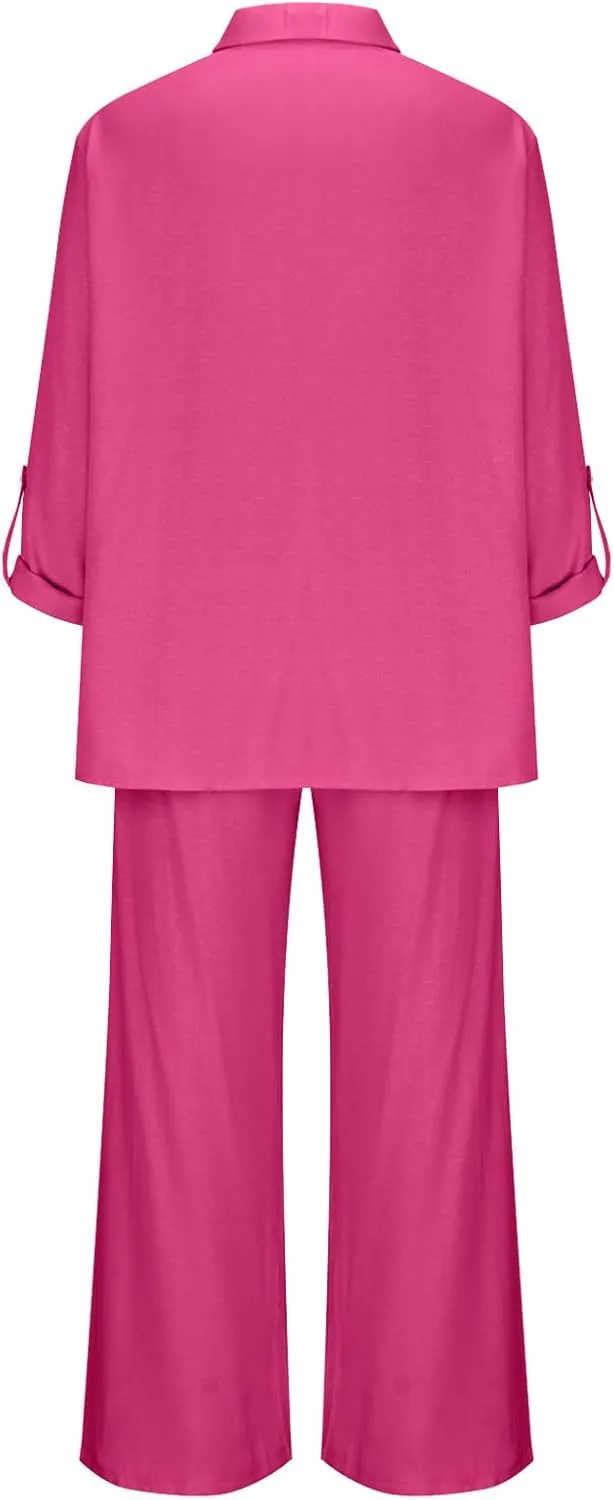 Linen Sets for Women 2 Piece Plus Size Button Down Shirts Matching Long Pants Lounge Set Summer Beach Outfits