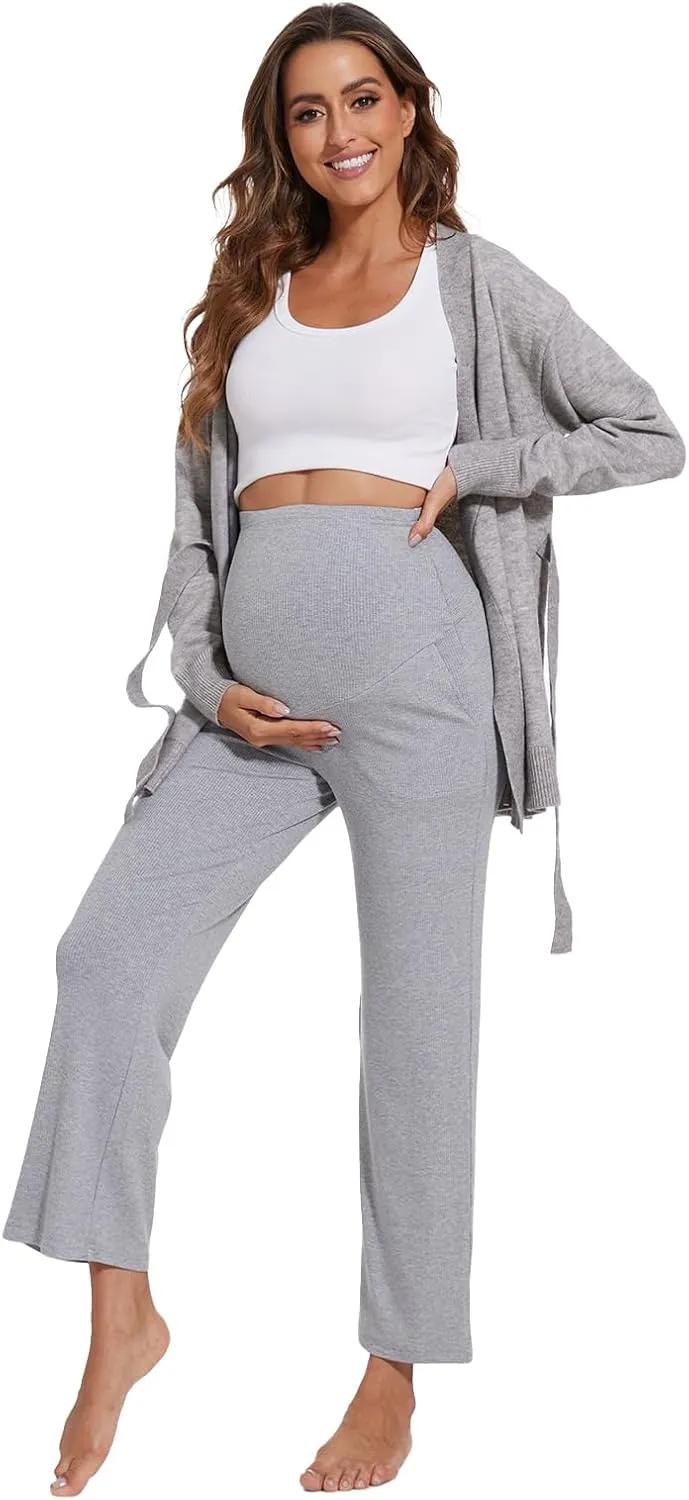 Liu & Qu Womens Maternity High Waisted Lounge Pants Casual Stretchy Ribbed Palazzo Pants Pregnancy Trousers with Pockets