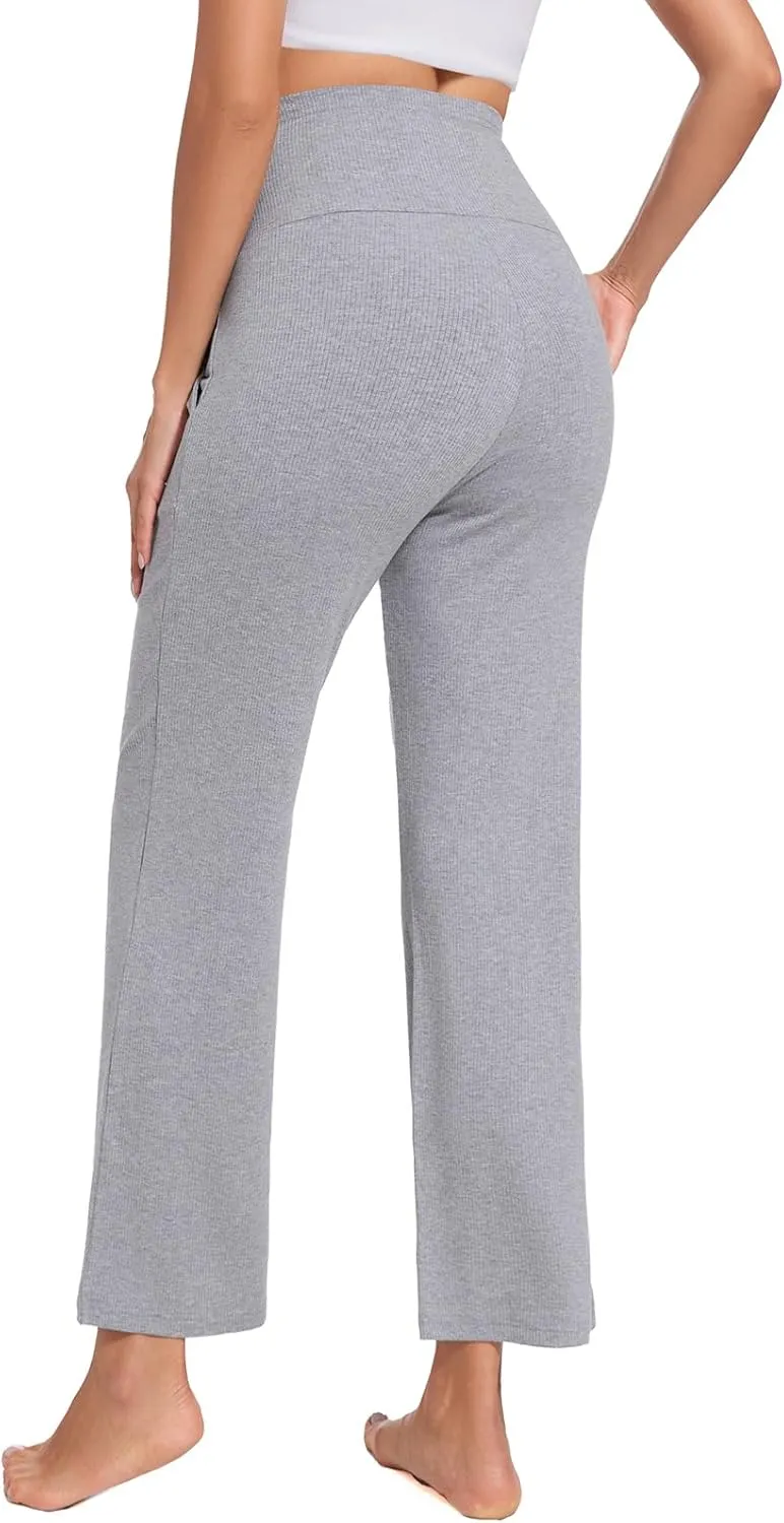 Liu & Qu Womens Maternity High Waisted Lounge Pants Casual Stretchy Ribbed Palazzo Pants Pregnancy Trousers with Pockets