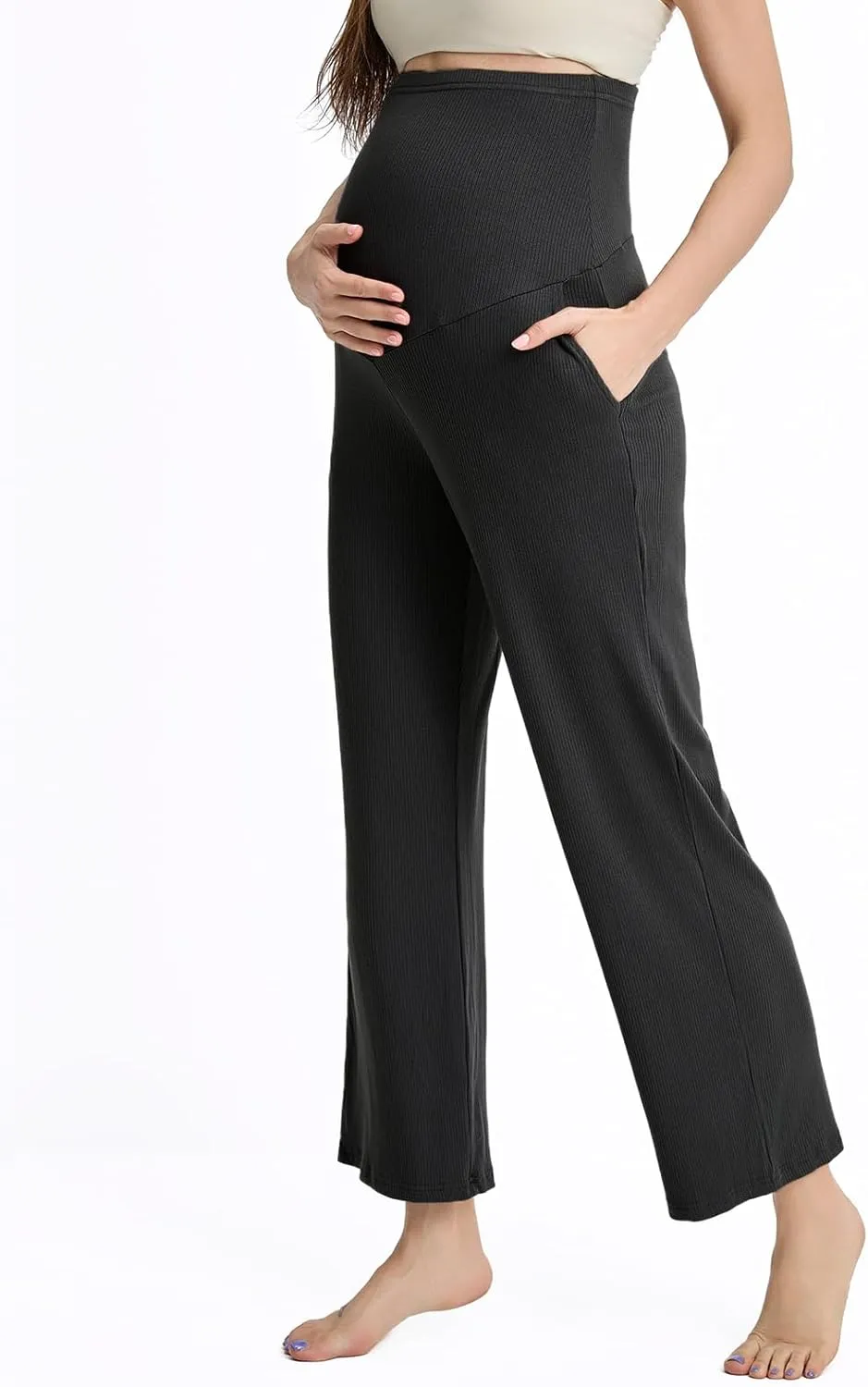 Liu & Qu Womens Maternity High Waisted Lounge Pants Casual Stretchy Ribbed Palazzo Pants Pregnancy Trousers with Pockets