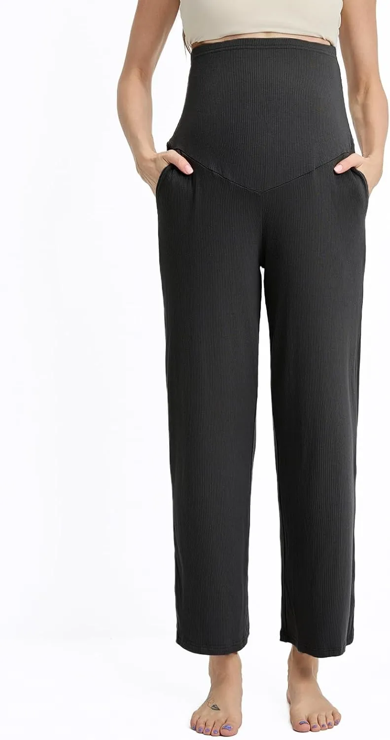 Liu & Qu Womens Maternity High Waisted Lounge Pants Casual Stretchy Ribbed Palazzo Pants Pregnancy Trousers with Pockets
