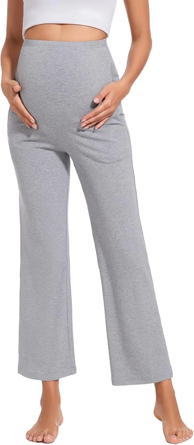 Liu & Qu Womens Maternity High Waisted Lounge Pants Casual Stretchy Ribbed Palazzo Pants Pregnancy Trousers with Pockets
