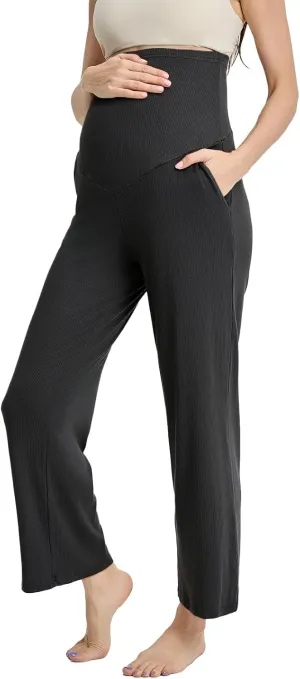 Liu & Qu Womens Maternity High Waisted Lounge Pants Casual Stretchy Ribbed Palazzo Pants Pregnancy Trousers with Pockets