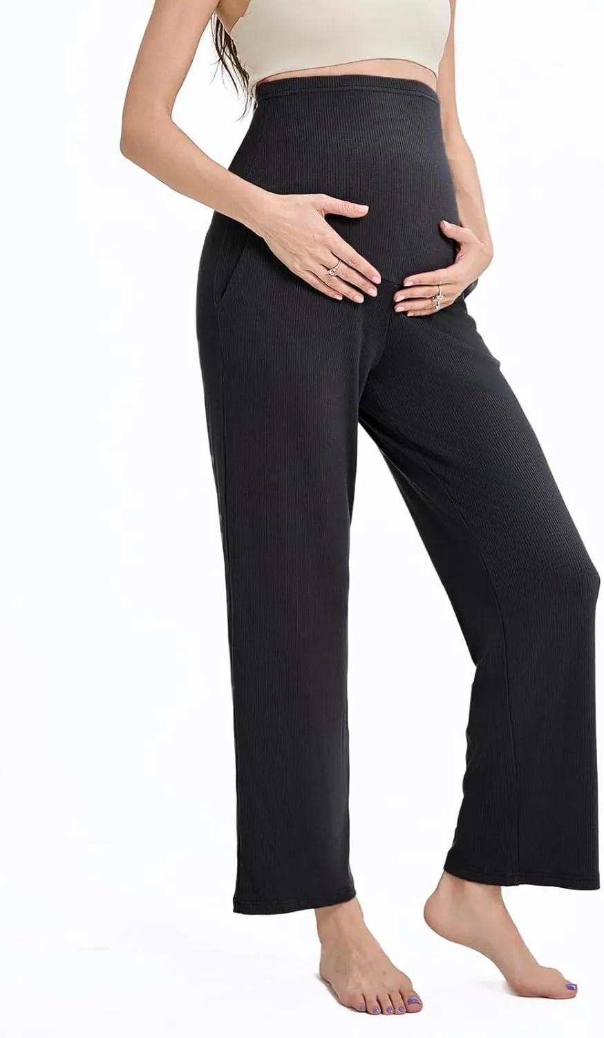 Liu & Qu Womens Maternity High Waisted Lounge Pants Casual Stretchy Ribbed Palazzo Pants Pregnancy Trousers with Pockets