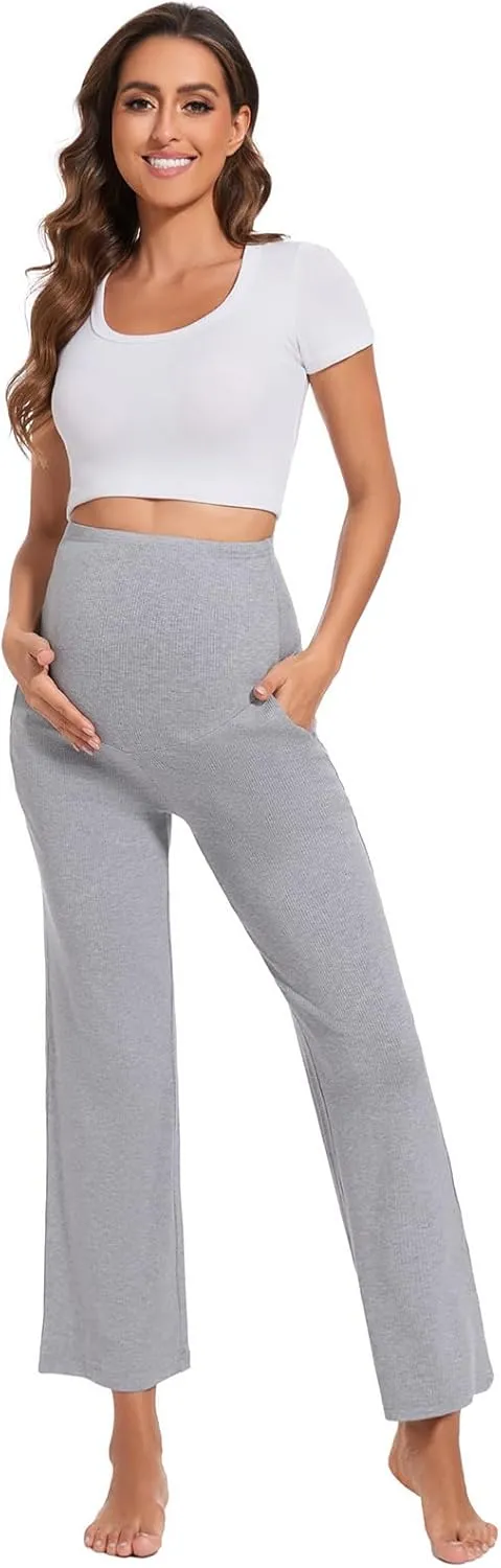 Liu & Qu Womens Maternity High Waisted Lounge Pants Casual Stretchy Ribbed Palazzo Pants Pregnancy Trousers with Pockets