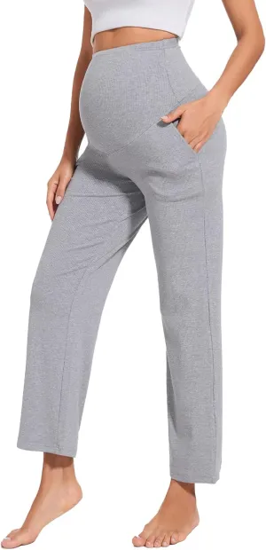 Liu & Qu Womens Maternity High Waisted Lounge Pants Casual Stretchy Ribbed Palazzo Pants Pregnancy Trousers with Pockets