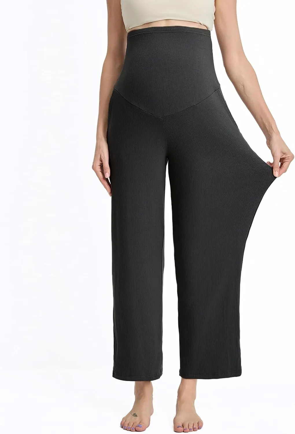 Liu & Qu Womens Maternity High Waisted Lounge Pants Casual Stretchy Ribbed Palazzo Pants Pregnancy Trousers with Pockets