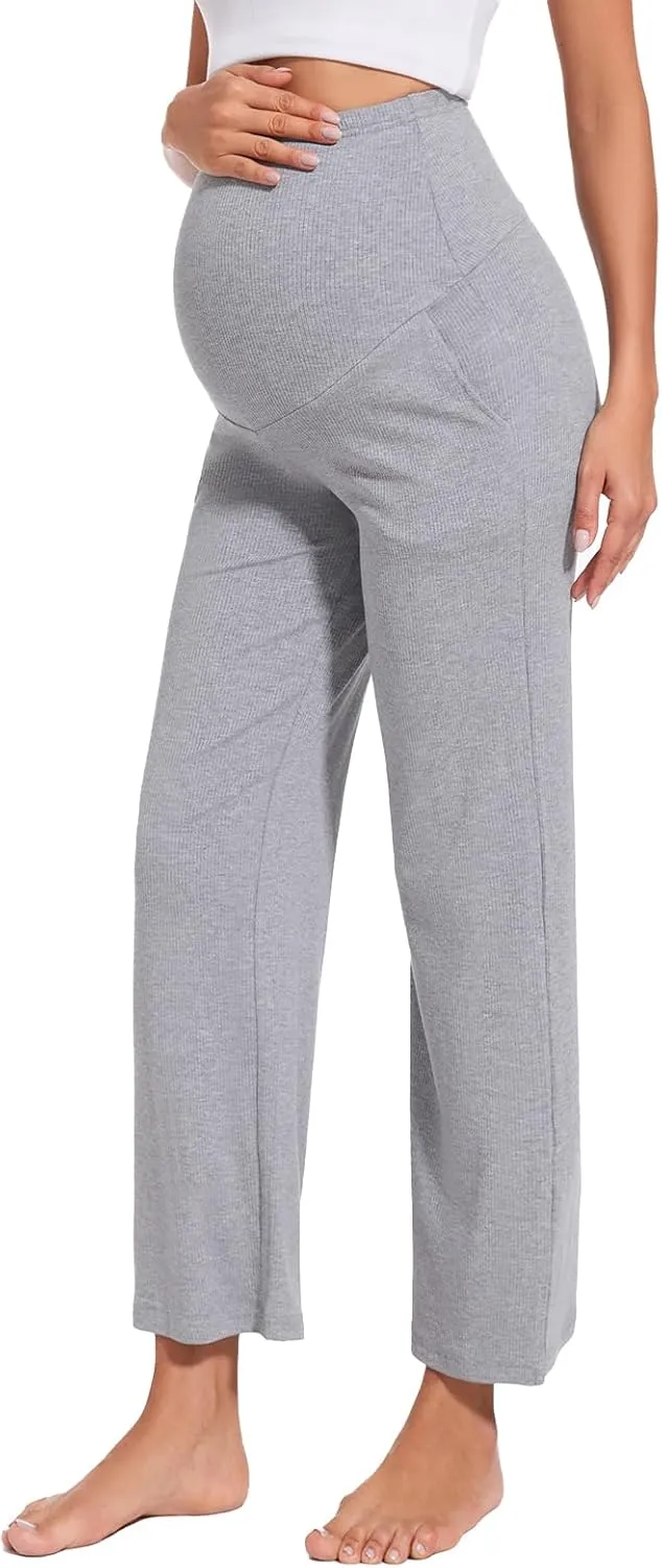 Liu & Qu Womens Maternity High Waisted Lounge Pants Casual Stretchy Ribbed Palazzo Pants Pregnancy Trousers with Pockets