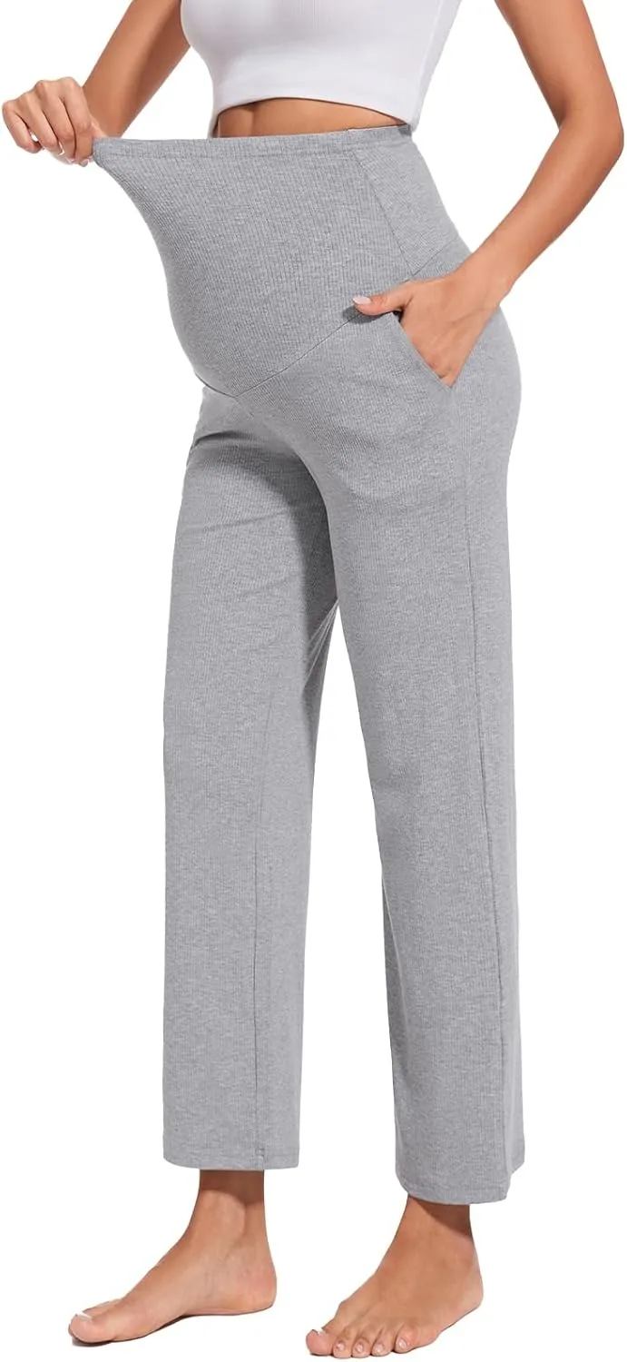 Liu & Qu Womens Maternity High Waisted Lounge Pants Casual Stretchy Ribbed Palazzo Pants Pregnancy Trousers with Pockets