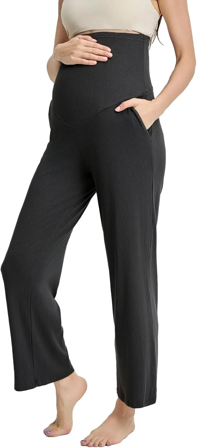Liu & Qu Womens Maternity High Waisted Lounge Pants Casual Stretchy Ribbed Palazzo Pants Pregnancy Trousers with Pockets