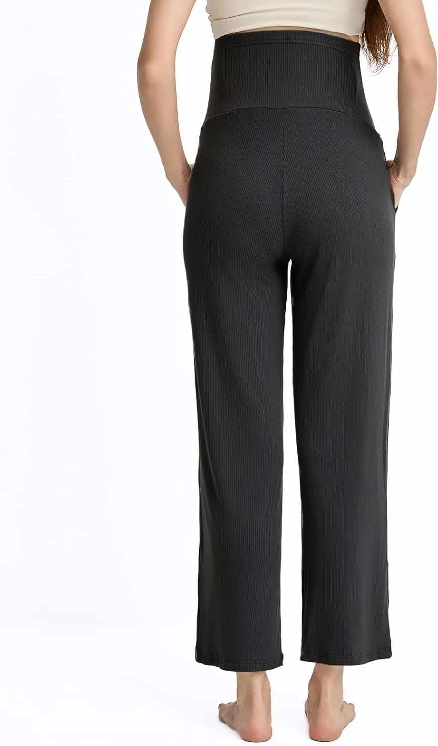 Liu & Qu Womens Maternity High Waisted Lounge Pants Casual Stretchy Ribbed Palazzo Pants Pregnancy Trousers with Pockets