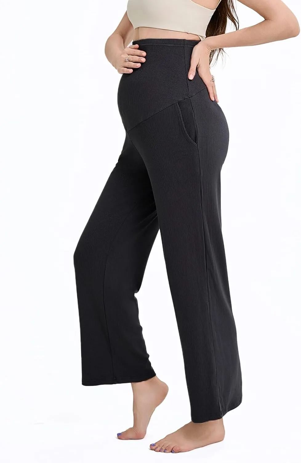 Liu & Qu Womens Maternity High Waisted Lounge Pants Casual Stretchy Ribbed Palazzo Pants Pregnancy Trousers with Pockets
