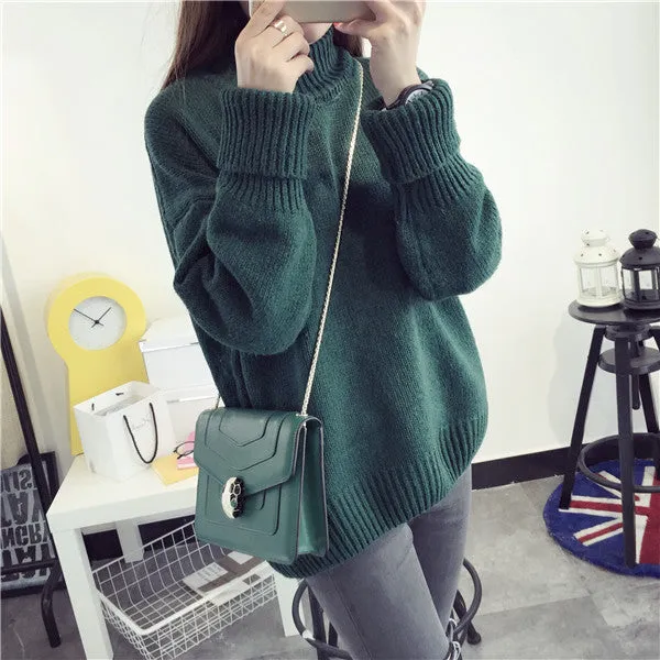 Loose Middle Neck Solid Color Warm Sweater