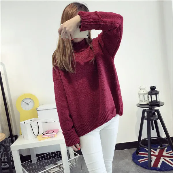 Loose Middle Neck Solid Color Warm Sweater