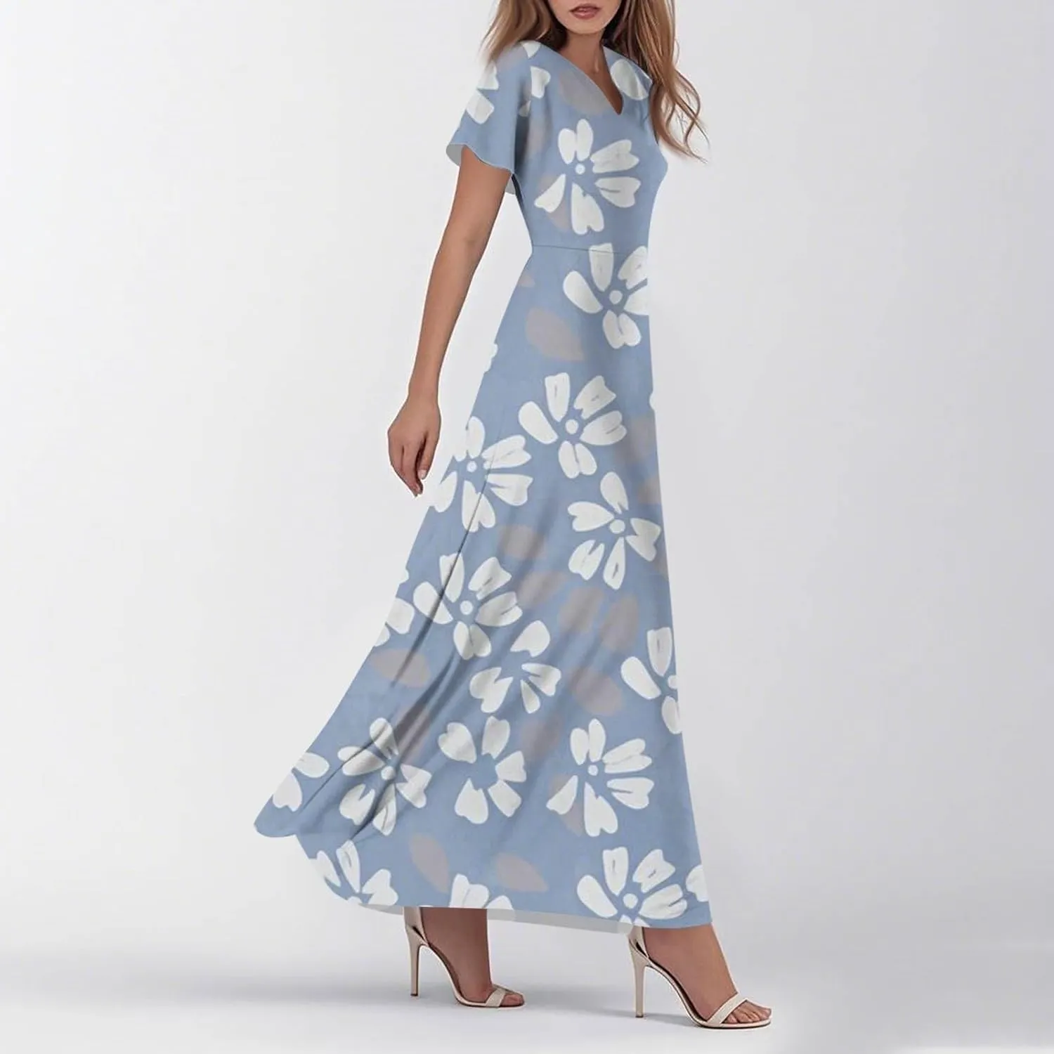Maxi Dresses for Women 2025 Summer Ruffle Short Sleeve Floral Dress Flowy V Neck Spring Chiffon Maxi Dress Print Long Skirt