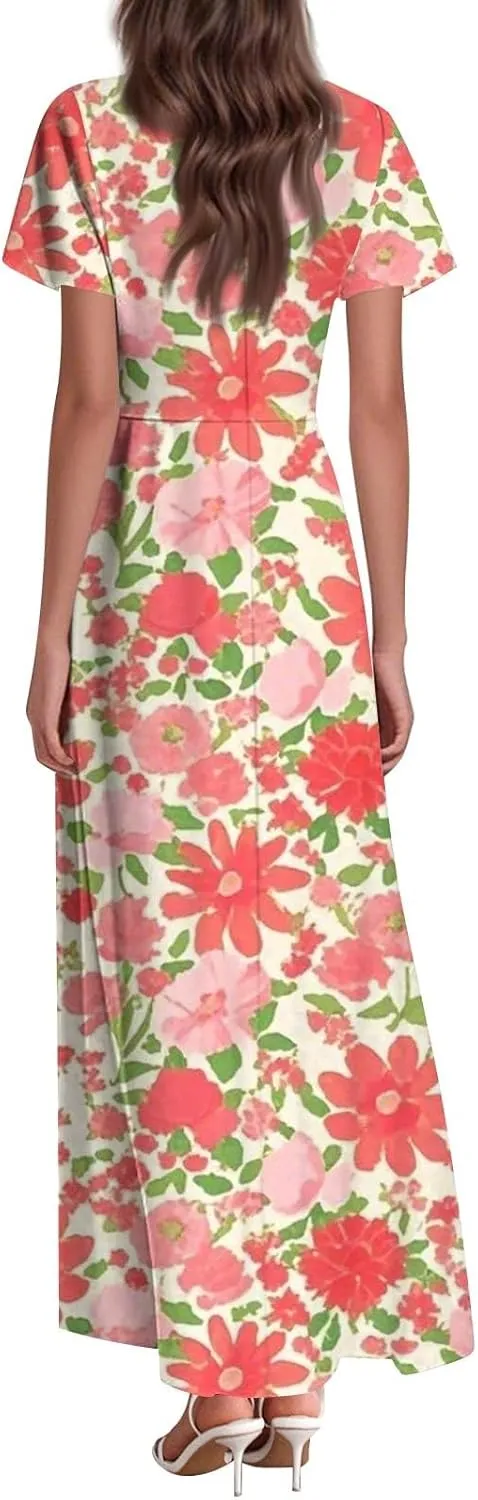 Maxi Dresses for Women 2025 Summer Ruffle Short Sleeve Floral Dress Flowy V Neck Spring Chiffon Maxi Dress Print Long Skirt