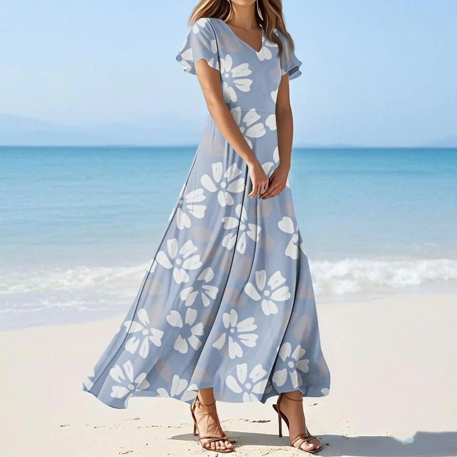Maxi Dresses for Women 2025 Summer Ruffle Short Sleeve Floral Dress Flowy V Neck Spring Chiffon Maxi Dress Print Long Skirt