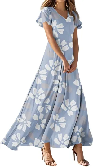 Maxi Dresses for Women 2025 Summer Ruffle Short Sleeve Floral Dress Flowy V Neck Spring Chiffon Maxi Dress Print Long Skirt