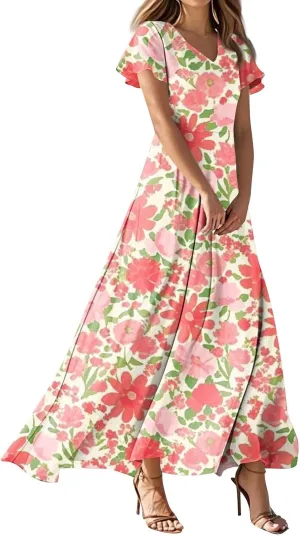 Maxi Dresses for Women 2025 Summer Ruffle Short Sleeve Floral Dress Flowy V Neck Spring Chiffon Maxi Dress Print Long Skirt