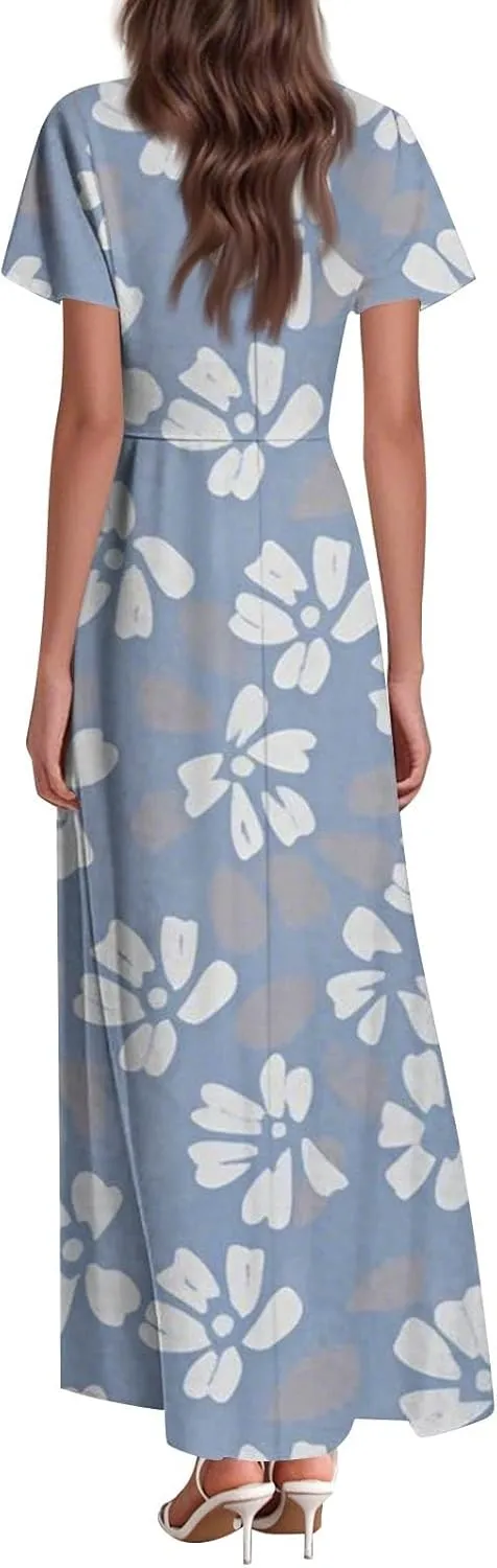 Maxi Dresses for Women 2025 Summer Ruffle Short Sleeve Floral Dress Flowy V Neck Spring Chiffon Maxi Dress Print Long Skirt