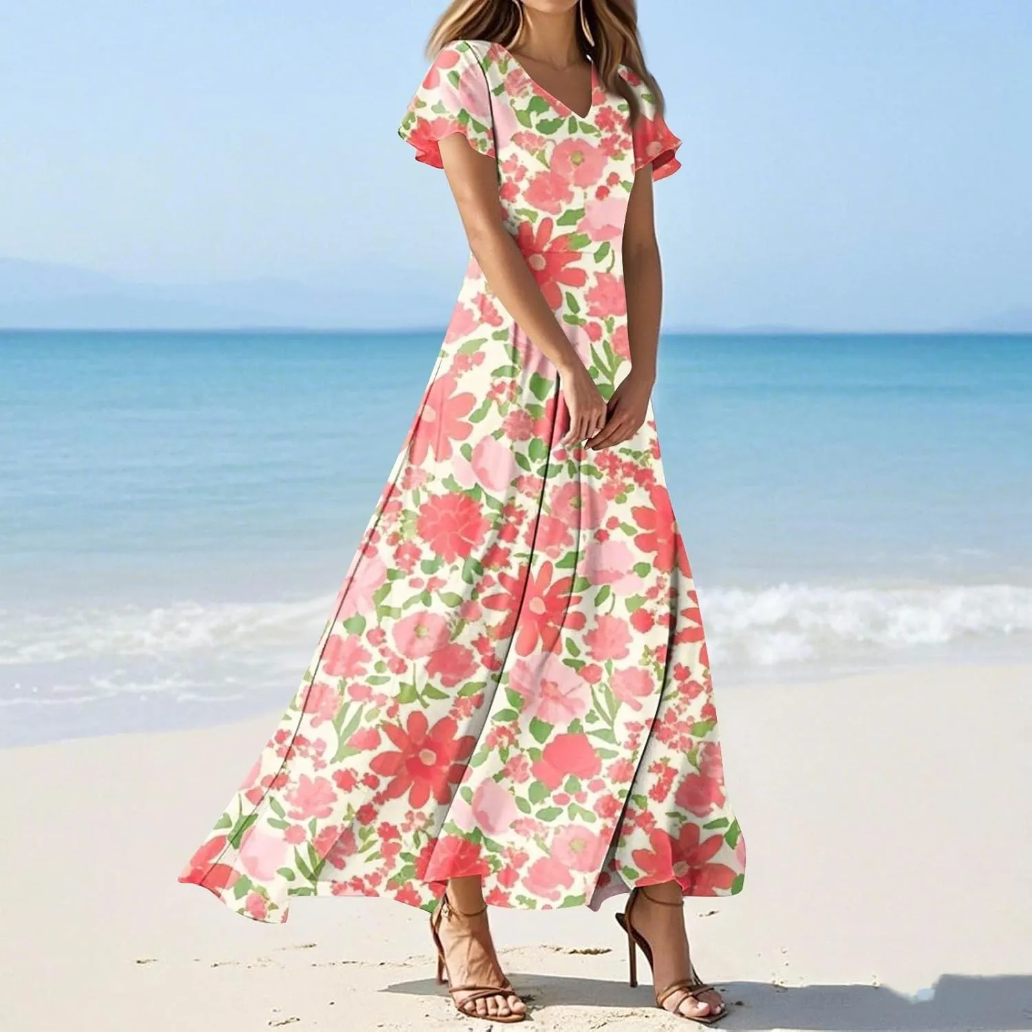 Maxi Dresses for Women 2025 Summer Ruffle Short Sleeve Floral Dress Flowy V Neck Spring Chiffon Maxi Dress Print Long Skirt