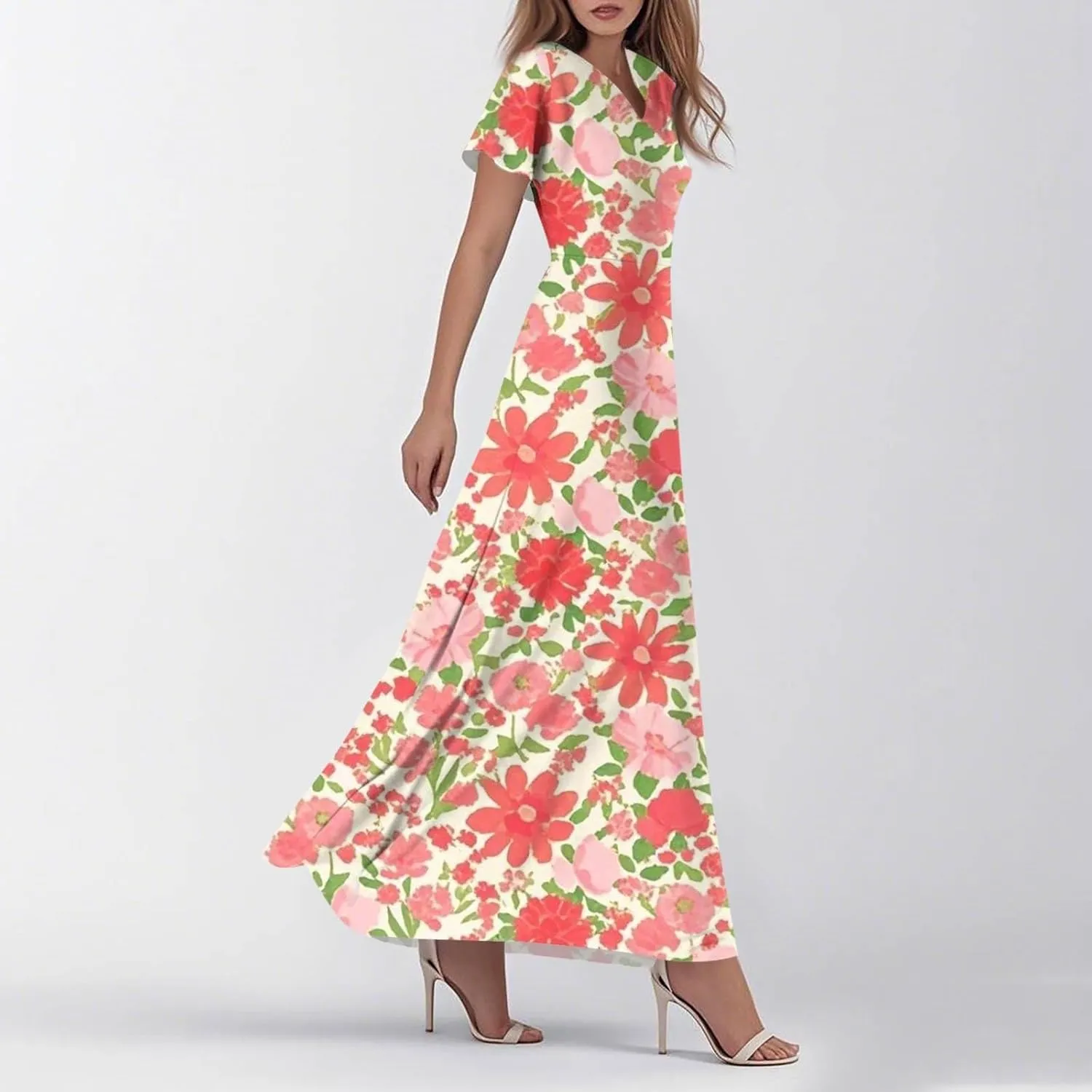 Maxi Dresses for Women 2025 Summer Ruffle Short Sleeve Floral Dress Flowy V Neck Spring Chiffon Maxi Dress Print Long Skirt