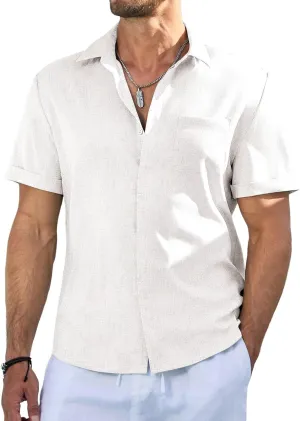 Men's Casual Short Sleeve Shirts Solid Button Down Shirt Hawaiian V Neck Beach Summer Tees with Pocket