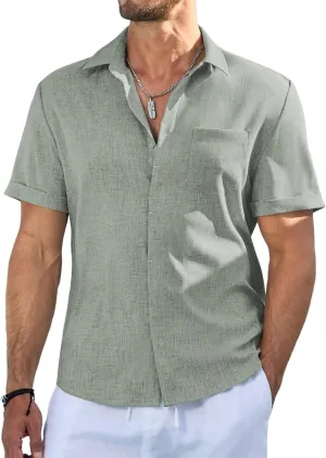 Men's Casual Short Sleeve Shirts Solid Button Down Shirt Hawaiian V Neck Beach Summer Tees with Pocket