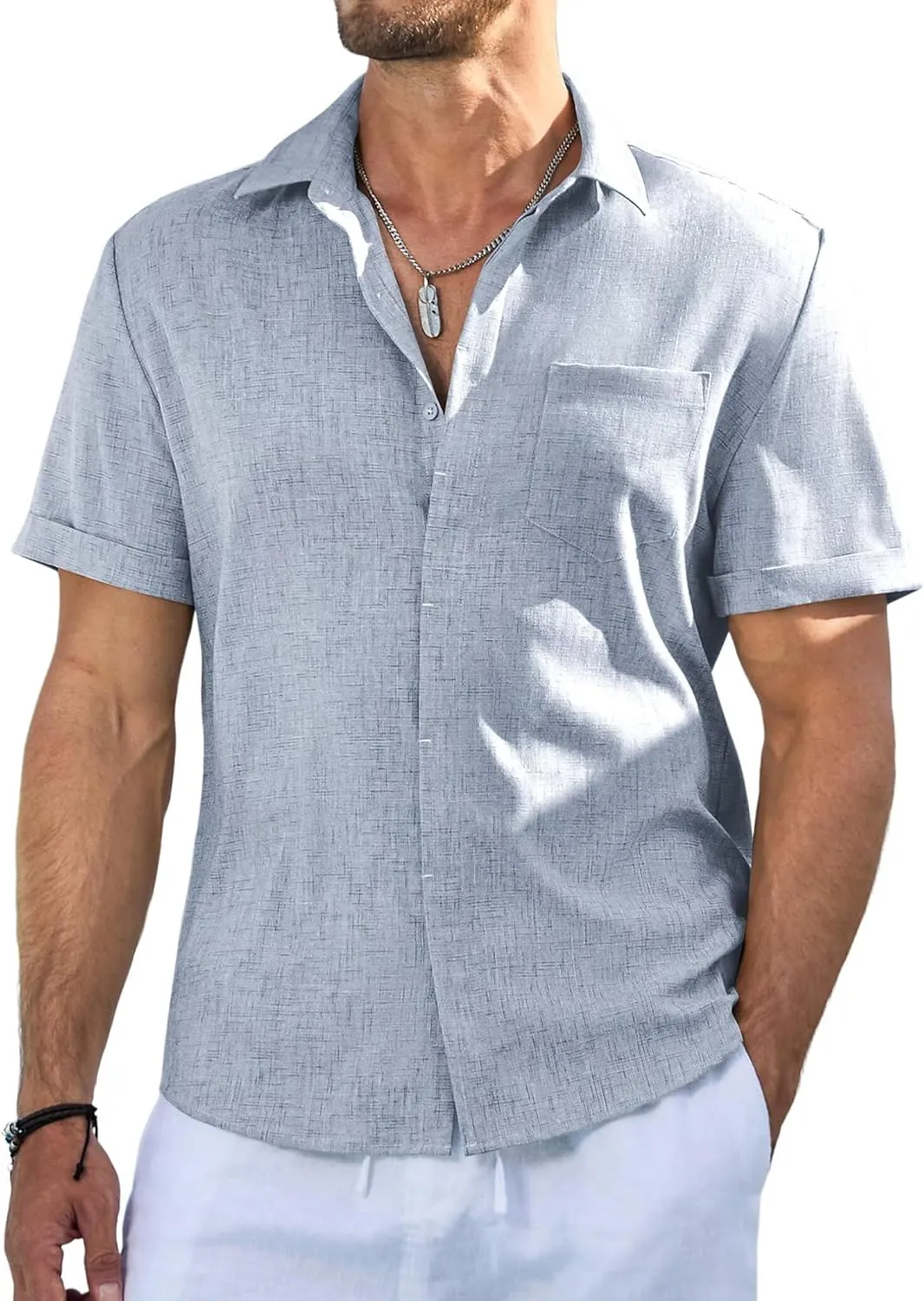Men's Casual Short Sleeve Shirts Solid Button Down Shirt Hawaiian V Neck Beach Summer Tees with Pocket