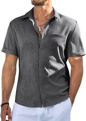 Men's Casual Short Sleeve Shirts Solid Button Down Shirt Hawaiian V Neck Beach Summer Tees with Pocket