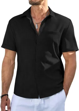 Men's Casual Short Sleeve Shirts Solid Button Down Shirt Hawaiian V Neck Beach Summer Tees with Pocket