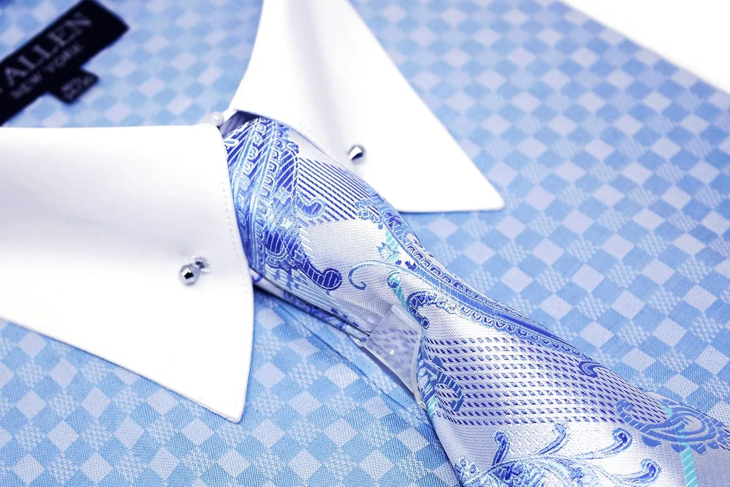 Men's Checkered Pattern Regular Fit French Cuffs Dress Shirts with Tie Hanky Cufflinks Collar Bar Combo