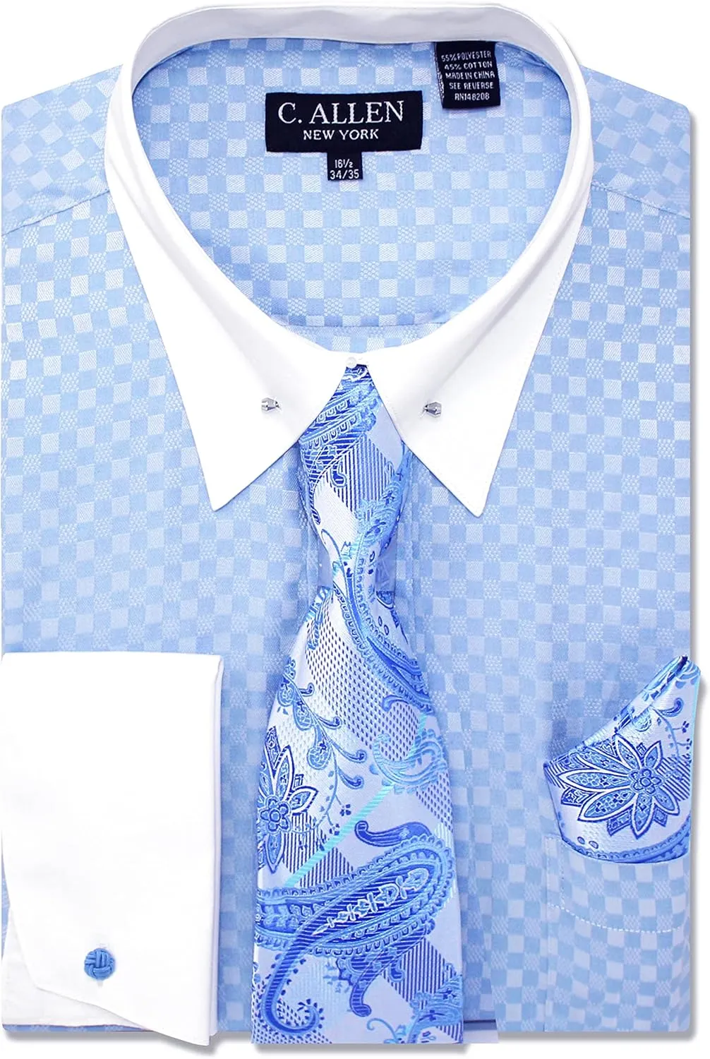 Men's Checkered Pattern Regular Fit French Cuffs Dress Shirts with Tie Hanky Cufflinks Collar Bar Combo