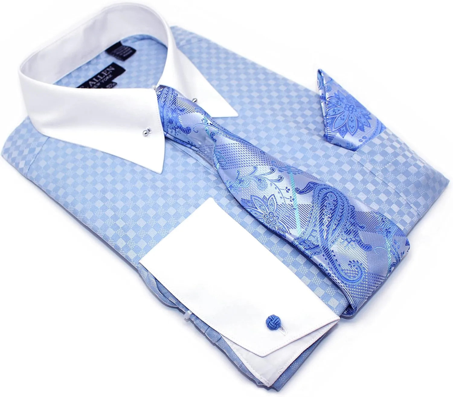 Men's Checkered Pattern Regular Fit French Cuffs Dress Shirts with Tie Hanky Cufflinks Collar Bar Combo