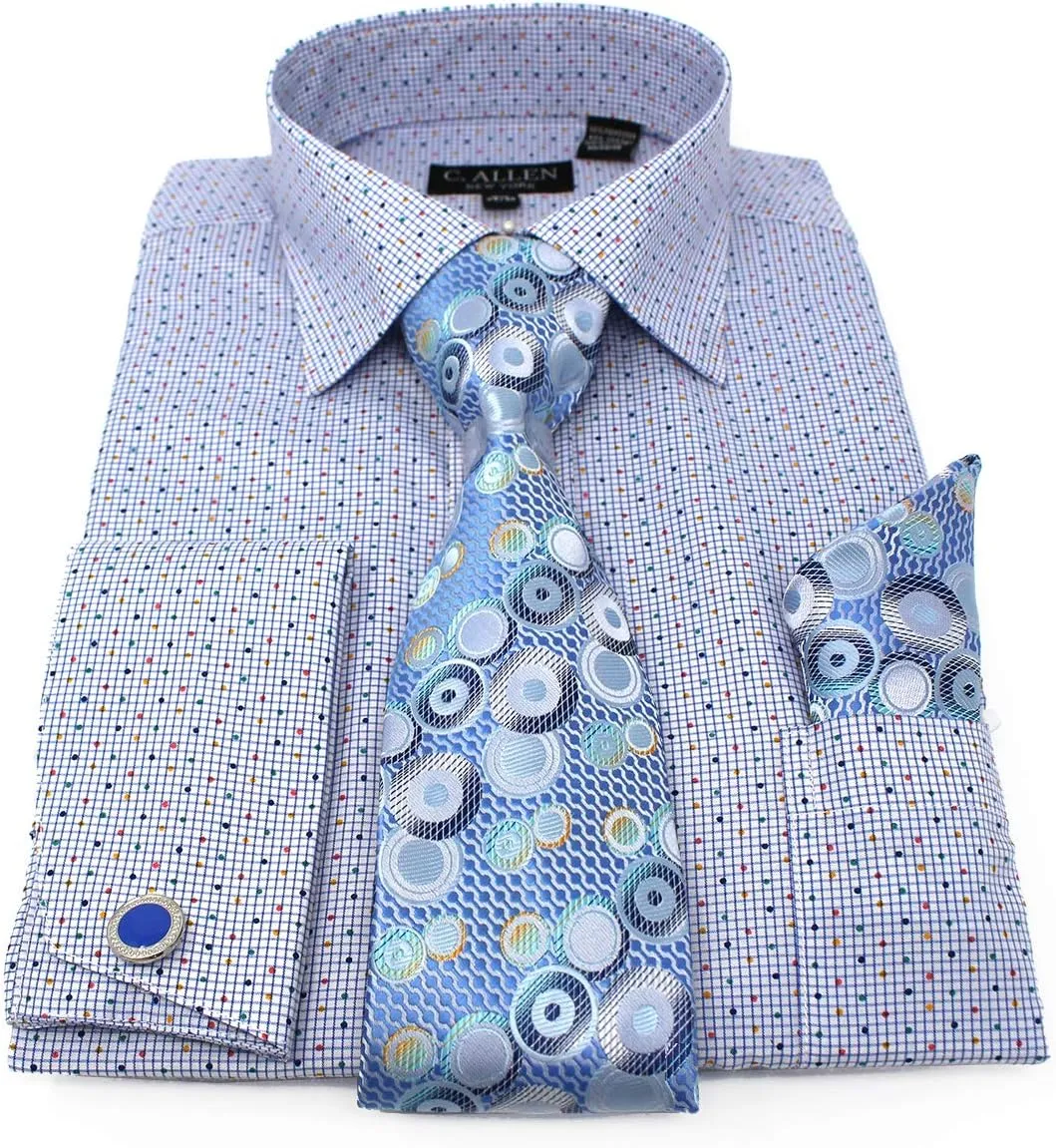 Men's Checks Dot Printed Regular Fit French Cuffs Dress Shirts with Tie Hanky Cufflinks Combo