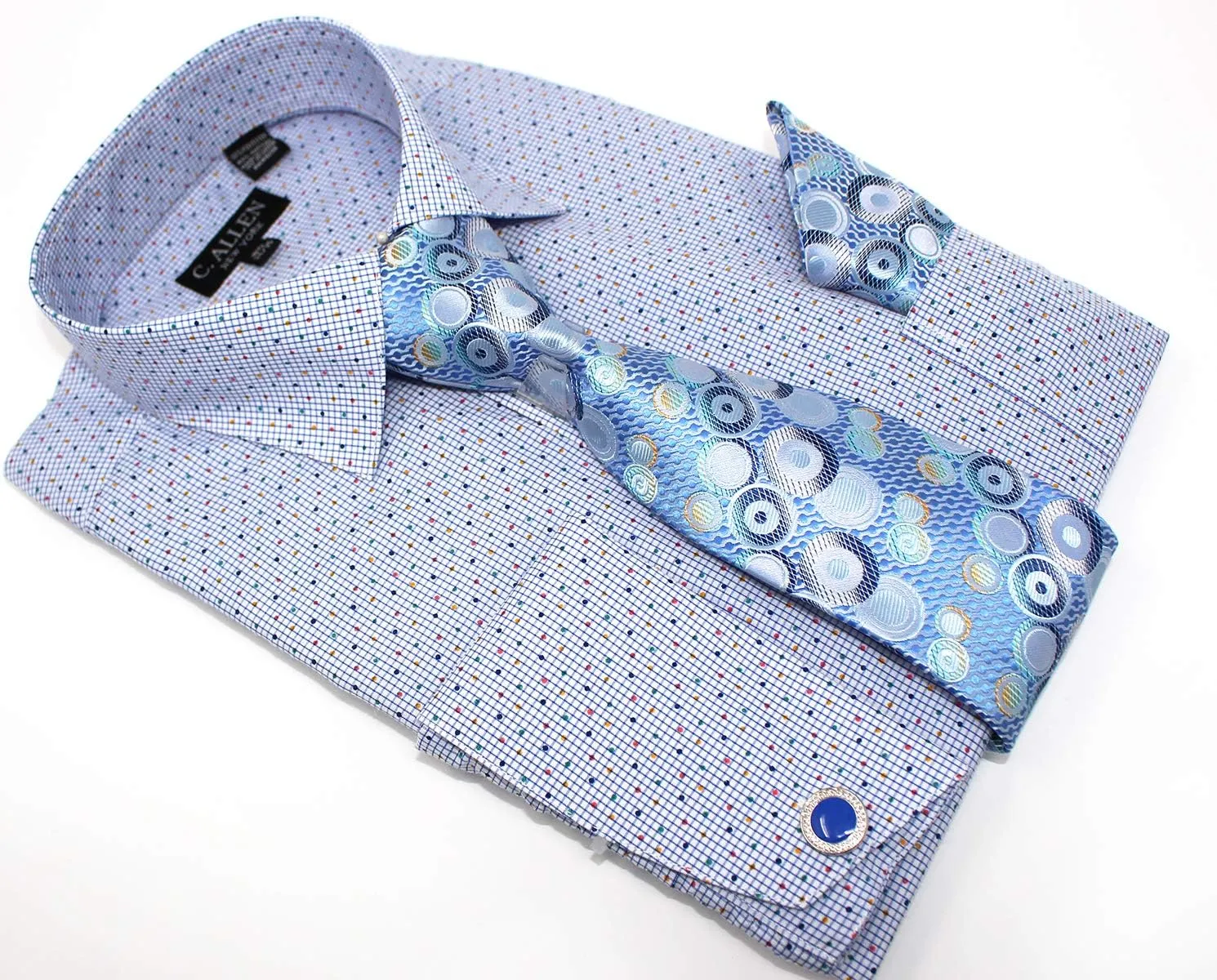 Men's Checks Dot Printed Regular Fit French Cuffs Dress Shirts with Tie Hanky Cufflinks Combo