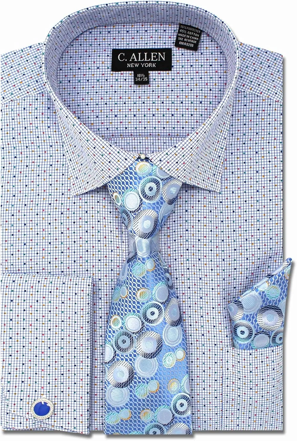 Men's Checks Dot Printed Regular Fit French Cuffs Dress Shirts with Tie Hanky Cufflinks Combo